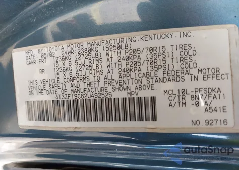 2002 Toyota Sienna Ce z USA, uszkodzony, nr VIN 4T3ZF19C62U492525